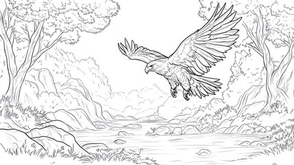 Fototapeta premium Eagle soaring over forest river, nature coloring page