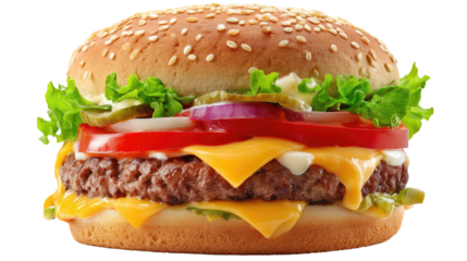 Cheeseburger Delight: A mouthwatering cheeseburger with a juicy patty, melted cheese, crisp lettuce, and tangy pickles, a delicious food photography image. 
