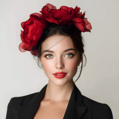 Stunning Woman with Red Flower Headpiece and Red Lips
