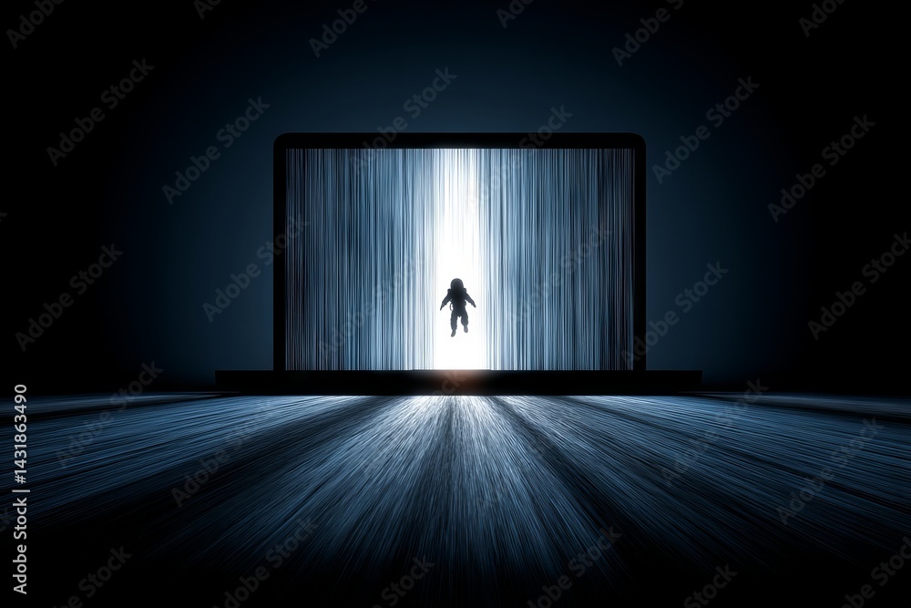 Poster a man in a space suit is seen jumping through a tunnel. astronaut with labtop concept.