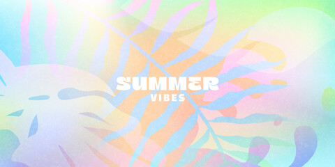 Colorful summer background with tropical leaf silhouettes. Gradient pastel tones create a fresh, fun, and vibrant seasonal atmosphere.Ideal for banners, posters and advertising materials.