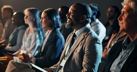 Business people, audience and man with tablet at conference for corporate convention, listening and diversity. Finance expo, group and happy at international event for career development or workshop