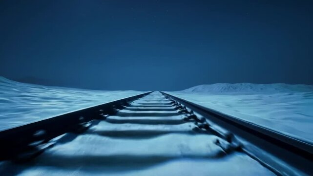 Fast point-of-view travel along snow-covered railway tracks under a dark, starry night sky. Endless rails stretch into the horizon. Use for travel, speed, or journey concepts. 4k 60 fps.