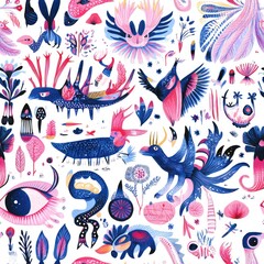 Whimsical Fantasy Creatures and Flora: A Vibrant, Hand-Painted Illustration
