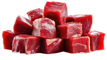 Raw Meat Cubes: A close-up view of freshly cut, raw meat cubes, displaying their vibrant red hue and appealing texture, prepared and ready for culinary creation.