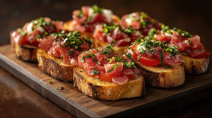 Bruschetta appetizers with tomato and herbs on a wooden board.