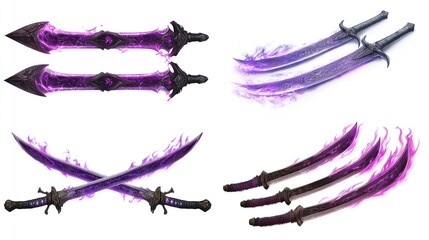 Four pairs of fantasy swords with purple flames.