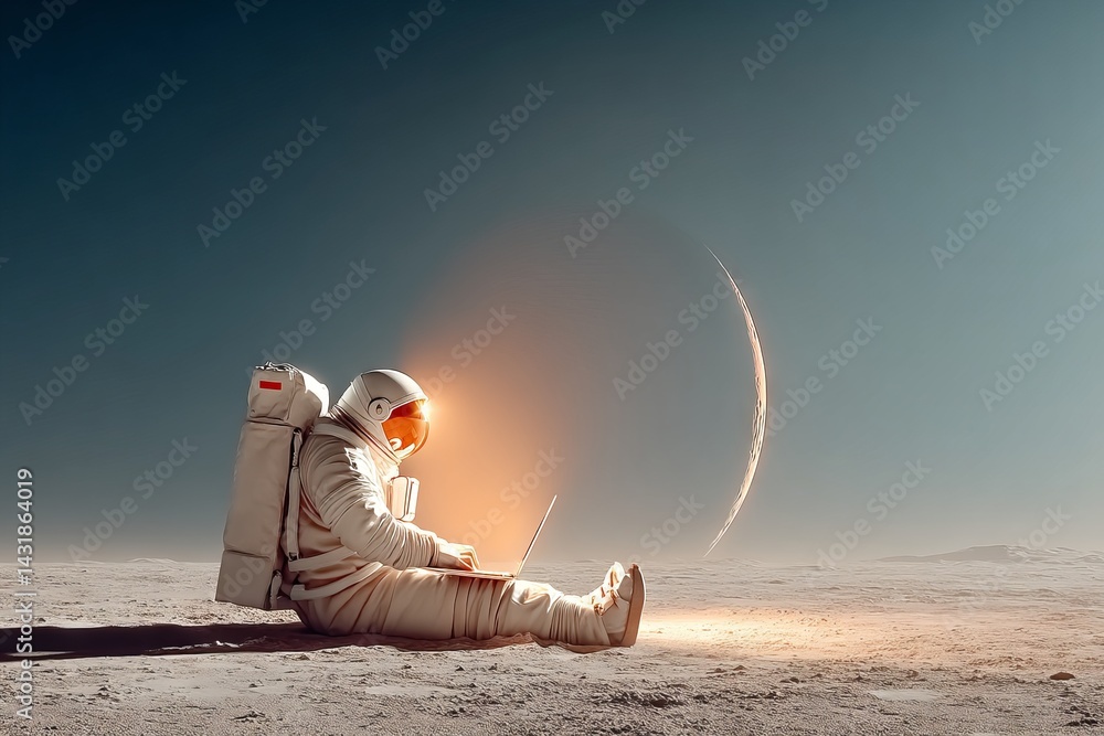 Poster a man in a spacesuit is sitting on the ground with a laptop in front of him. astronaut with labtop c