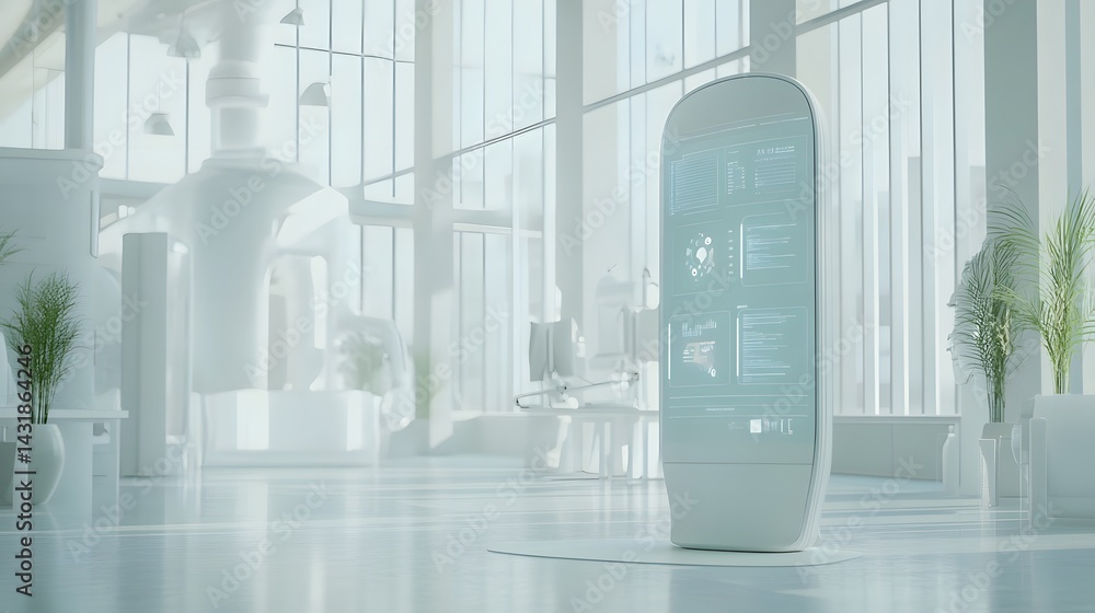 Poster a futuristic, minimalist digital display stands in a bright, spacious white office or lab. the scree