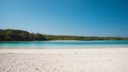 Naklejka premium Secluded white sand beach with clear water and lush jungle under bright morning sun
