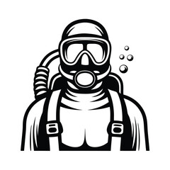 Monochrome Scuba Diver Silhouette with Bubbles, Isolated White Background High Detail