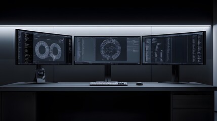 Modern workspace with three curved monitors displaying code and technical diagrams. Sleek keyboard and mouse complete the setup, bathed in dim, atmospheric lighting.
