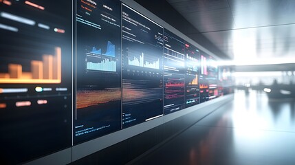 A futuristic hallway displays numerous screens showcasing real-time data, charts, and graphs.  The vibrant visuals suggest a high-tech control center or stock exchange.