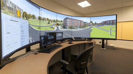 Fototapeta premium Modern control room with curved monitors displaying 3D city simulations. A workstation with keyboard and mouse sits before the screens. The room is well-lit and professionally designed.