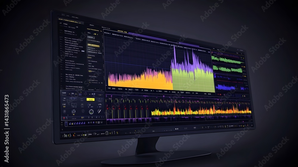 Poster a widescreen monitor displays complex data visualizations, vibrant color-coded graphs, and detailed 