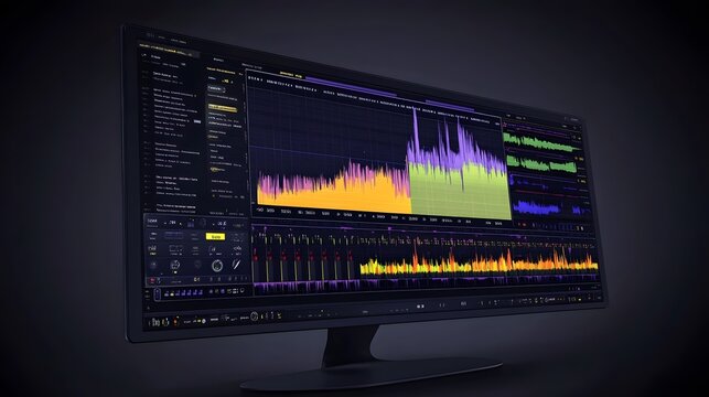 A widescreen monitor displays complex data visualizations, vibrant color-coded graphs, and detailed audio waveforms.