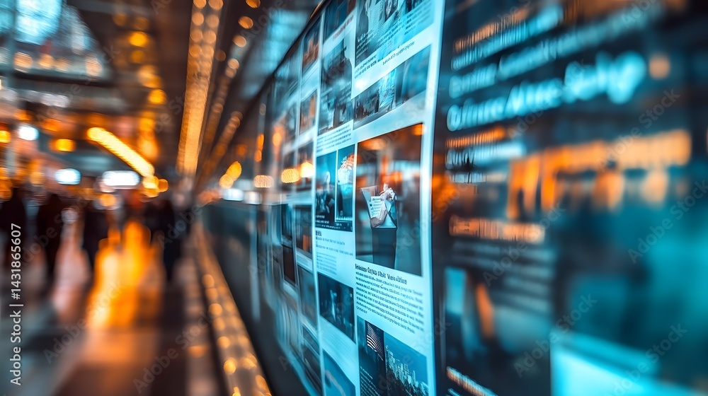 Poster blurred city background with a large digital screen displaying news articles and images. the vibrant