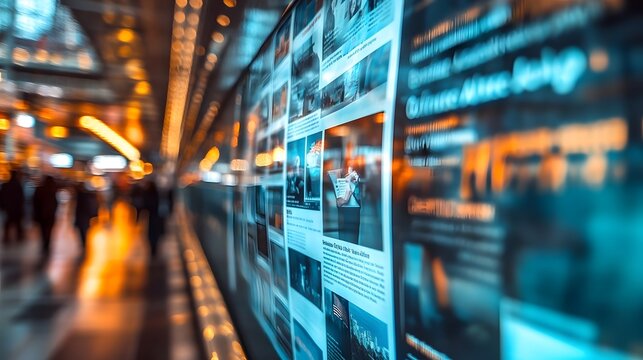 Blurred city background with a large digital screen displaying news articles and images.  The vibrant colors and motion create a sense of fast-paced urban life and information overload.
