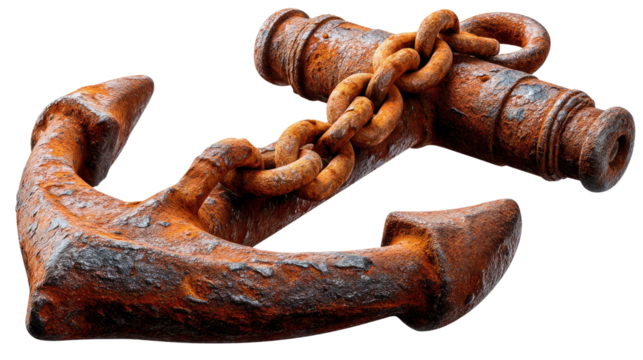 Rusty Anchor: A weathered and worn rusty anchor with a chain, a symbol of strength, resilience, and stability, sits against a pristine background.
