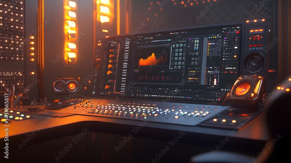 Poster futuristic music production studio setup with a large monitor displaying audio waveforms, a custom k