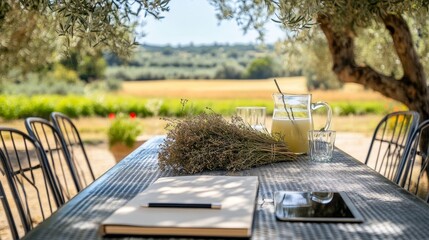 A serene summer scene featuring dried herb bouquet and refreshing lemonade on a garden table