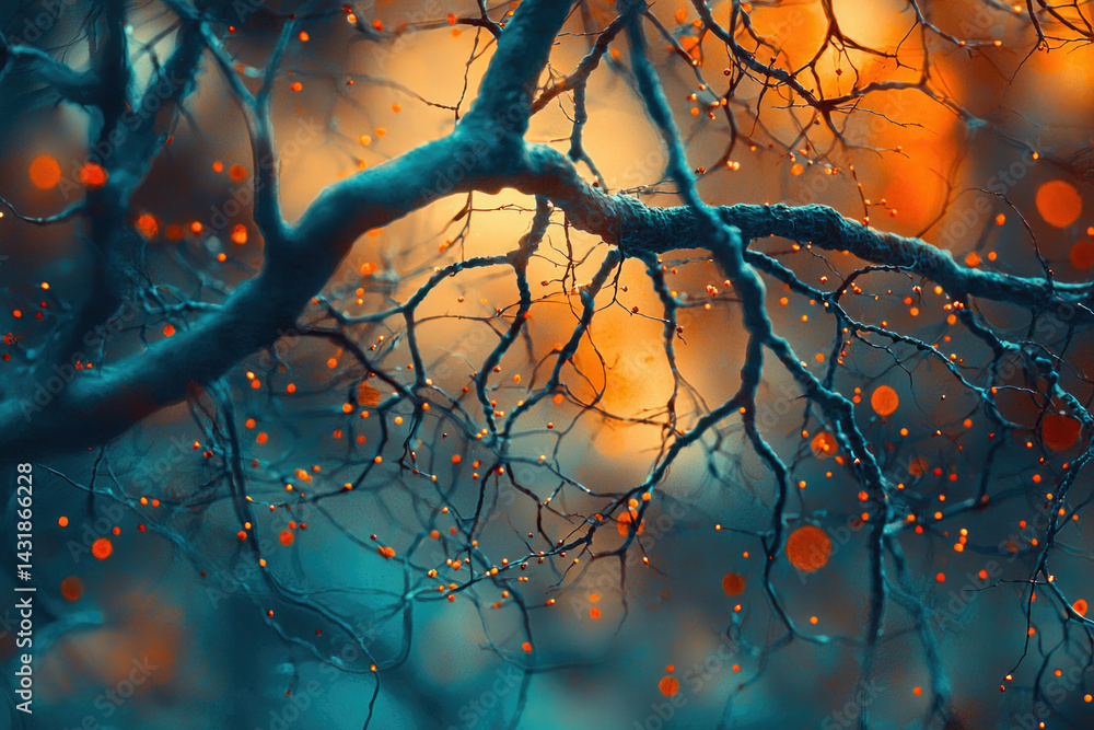 Poster intricate teal branches adorned with glowing orange orbs, creating a surreal autumnal scene.