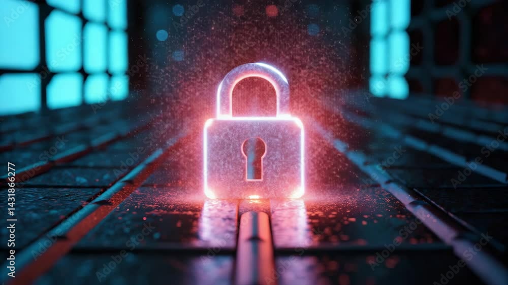 Poster a glowing lock icon disintegrating into pixelated dust, symbolizing digital security and fragility.