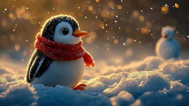 Cute penguin in winter landscape