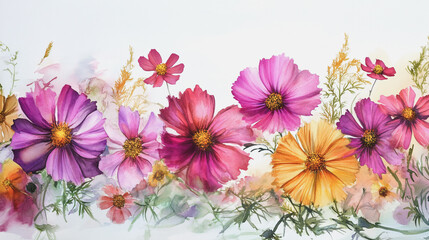 Elegant wedding invitation card background . Minimal hand painted watercolor Cosmos flowers texture template background. Design for wedding, vip cover, poster, rsvp moderncard.Valentine's Day