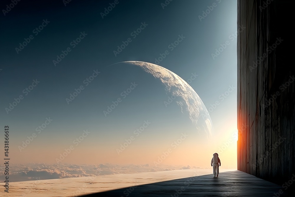 Poster a man in a spacesuit walks through a tunnel in the sky. astronaut concept.