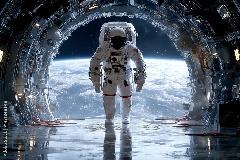 Poster a man in a spacesuit is walking through a tunnel. astronaut concept.