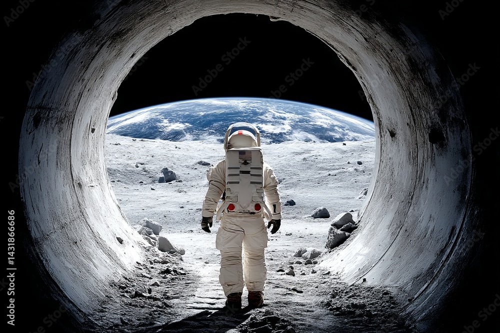Poster a man in a spacesuit is walking through a tunnel. astronaut concept.