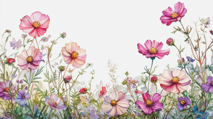 Elegant wedding invitation card background . Minimal hand painted watercolor Cosmos flowers texture template background. Design for wedding, vip cover, poster, rsvp moderncard.Valentine's Day