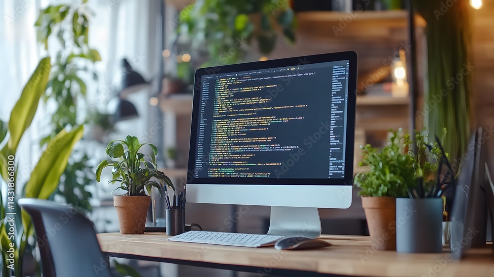 Aufkleber a modern workspace with a computer displaying code, surrounded by lush potted plants. the desk is wo