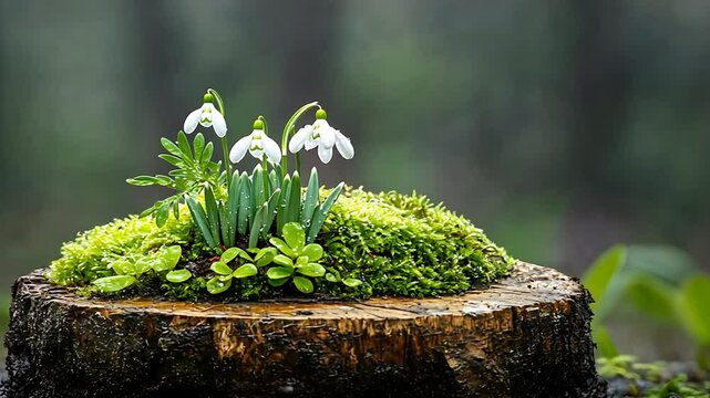 Delicate snowdrops nestled in mossy tree stump