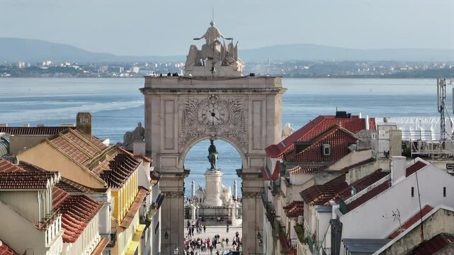 Aerial view of Lisbon downtown at Evening Time. Arco da Dua Augusta - the main pedestrian Street near Praca do Comercio