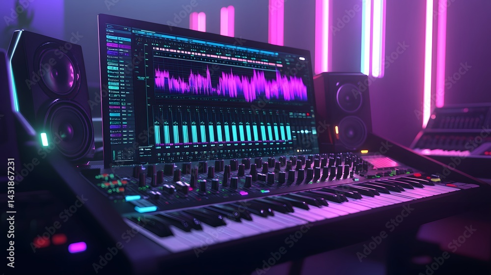Poster a vibrant music production studio setup featuring a keyboard, mixing console, studio monitors, and a