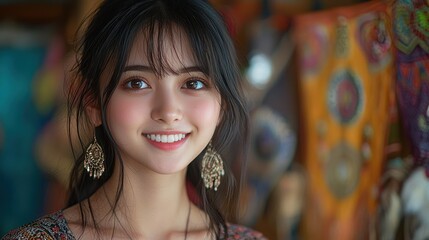 Portrait of a Young Woman with a Warm Smile, Wearing Elegant Earrings Against a Vibrant Background
