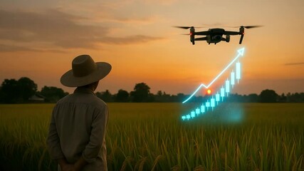 Drone technology enhancing farming productivity at sunset in a rice field landscape - Powered by Adobe