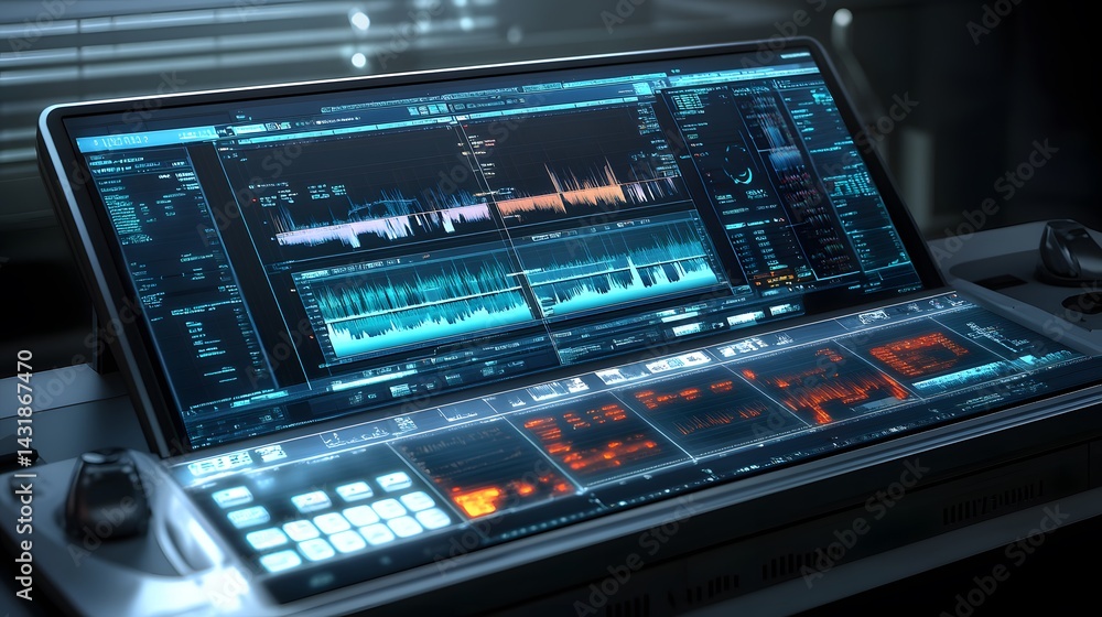 Aufkleber futuristic digital control panel with large integrated screen displaying complex data streams, graph