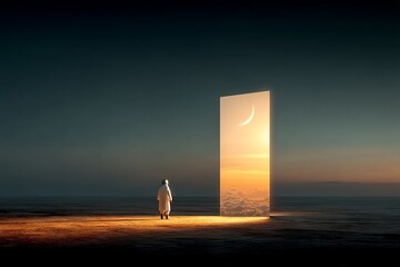 A man stands in front of a large, reflective door. astronaut concept.