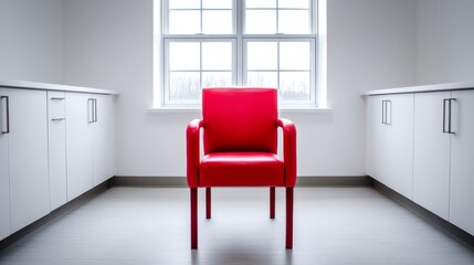 Red Chair in Modern Office - A single red leather chair sits in a minimalist white office, near a window and white cabinets
