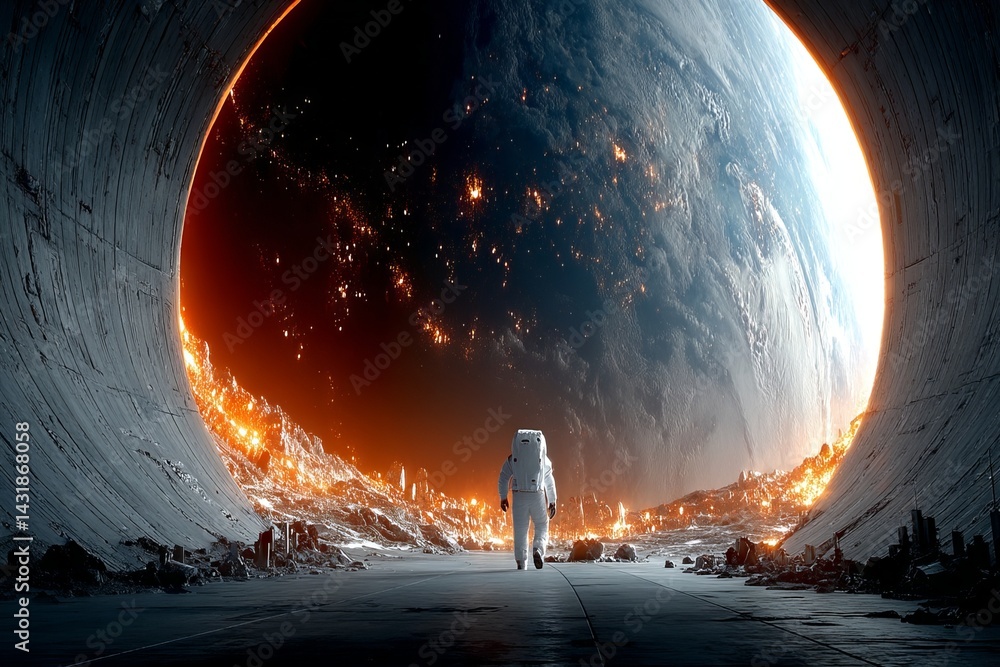 Poster a man in a white spacesuit walks through a tunnel in a desolate landscape. astronaut concept.