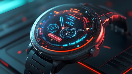 Close-up of a futuristic smartwatch with a vibrant, glowing digital display showing health and fitness data. Sleek design, red and blue accents.