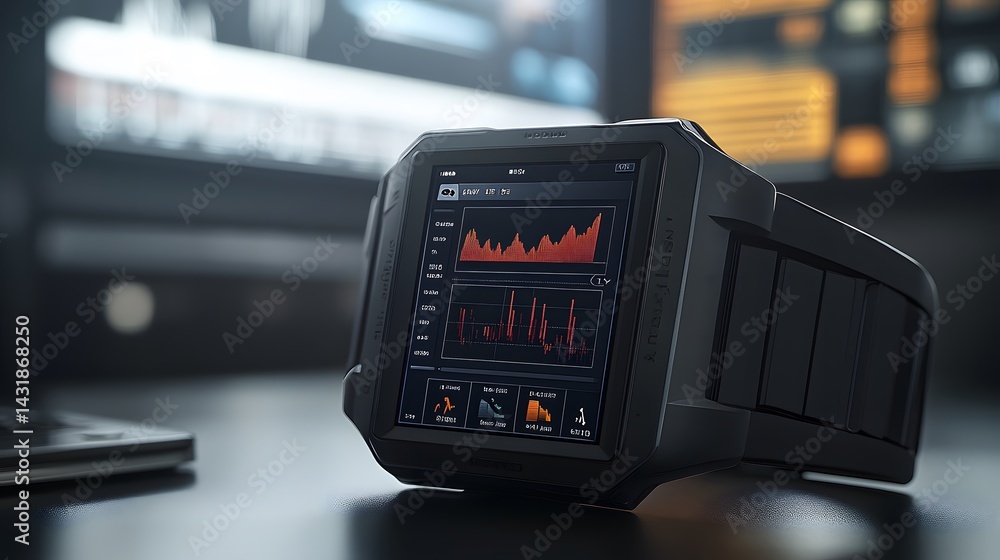 Aufkleber a sleek, black smartwatch with a large square screen displays graphs and data. it sits on a dark sur