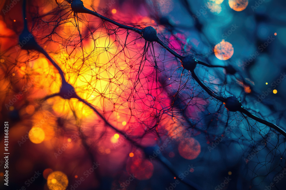 Poster intricate neural network visualized, showcasing interconnected neurons with vibrant, colorful backgr