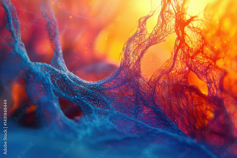 Poster Abstract image depicting a vibrant, intricate network of blue and orange threads, resembling a neural network or cosmic web.