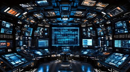 Futuristic control room with numerous screens displaying data streams and code. A central console adds to the high-tech atmosphere, ideal for sci-fi or tech concepts.
