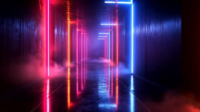 Neon glow tunnel with reflective floor, smoky atmosphere