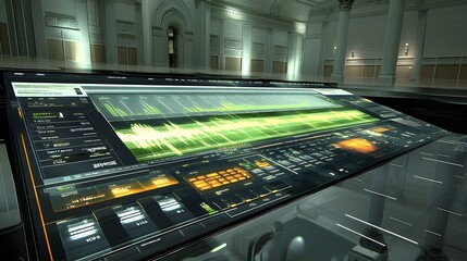 Futuristic audio mixing console with vibrant green waveforms displayed on a sleek, large touchscreen interface in a grand, classical hall setting.